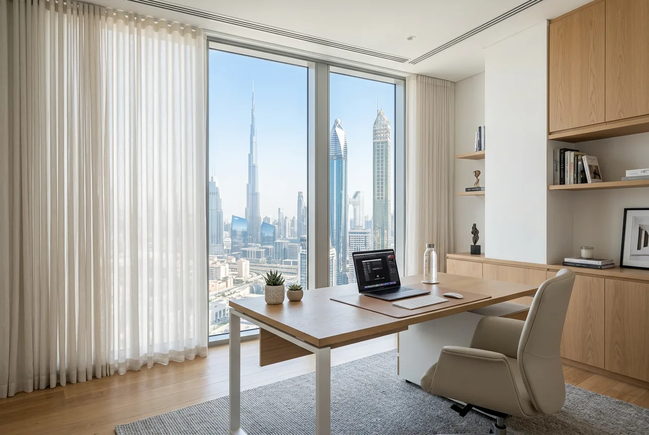 Minimalist Dubai office with wave curtains