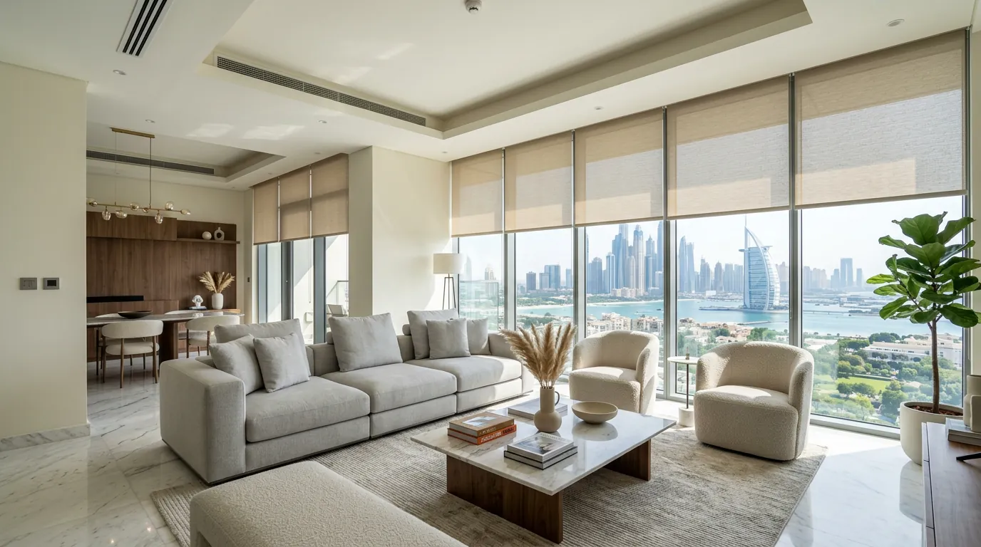 Roller blinds and curtains combined in a Dubai home