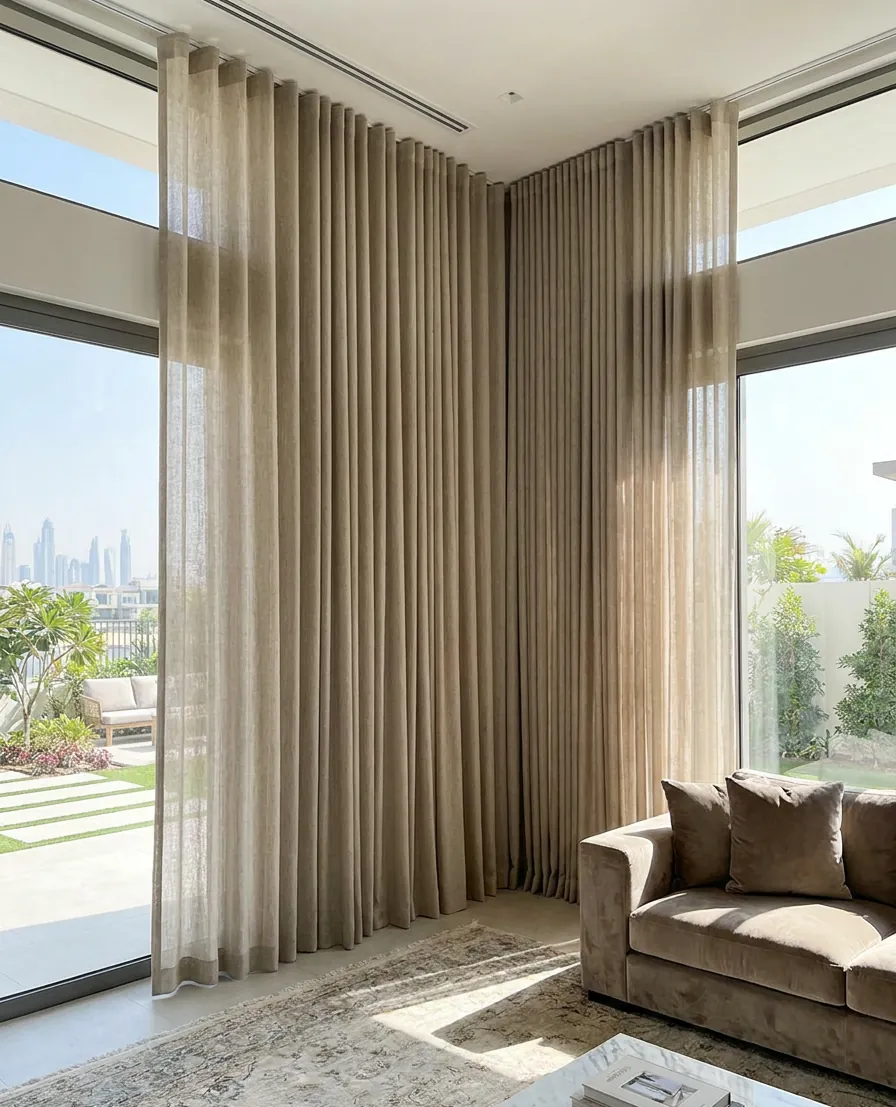 Neatly hung floor-to-ceiling curtains in a Dubai villa